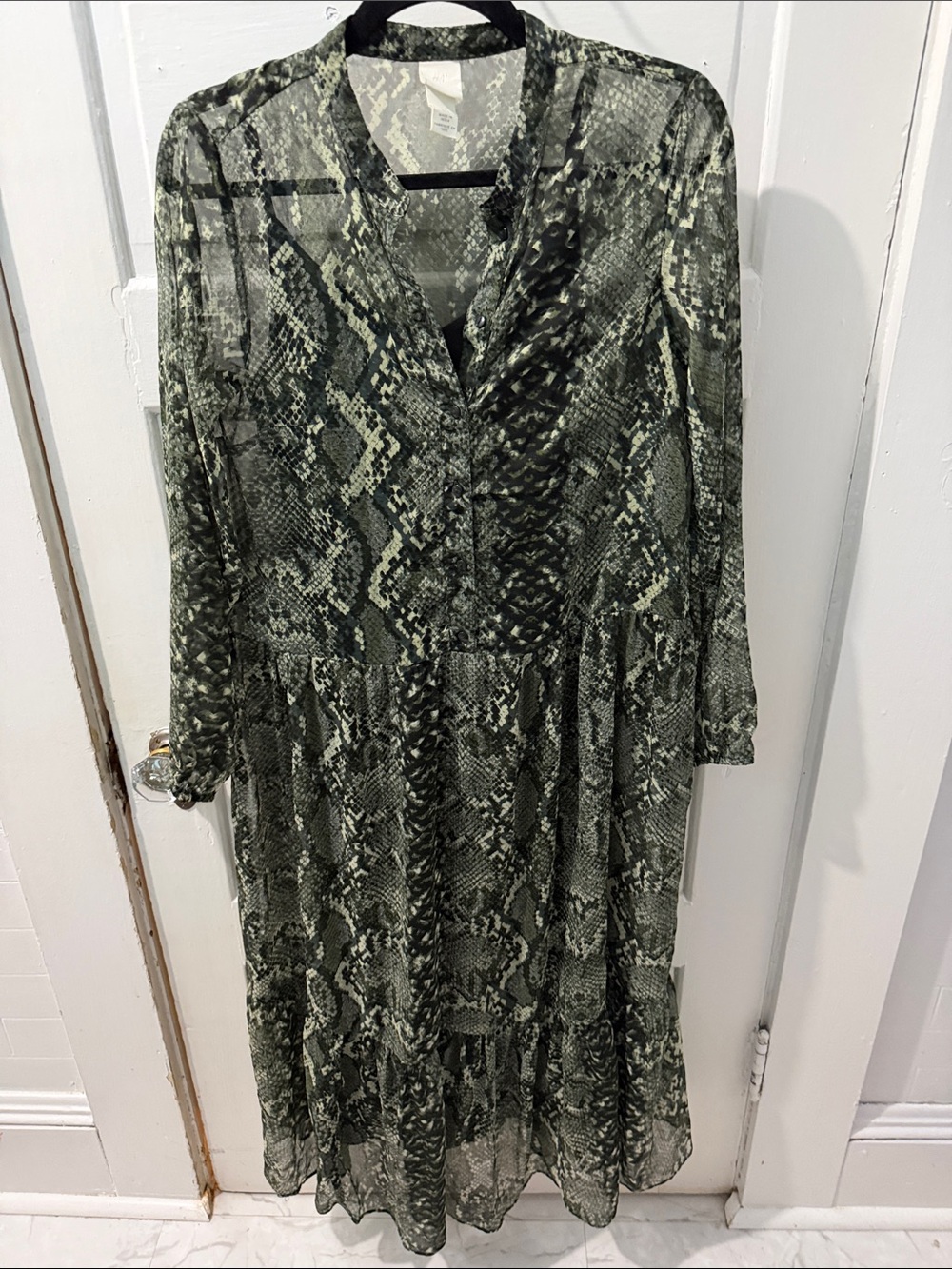 H&M Olive and Cream Snake-Print sheer dress with black slip dress underneath